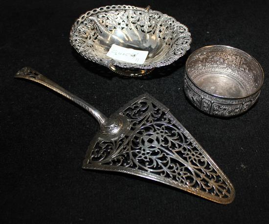 Indian silver bowl, silver basket & scoop
